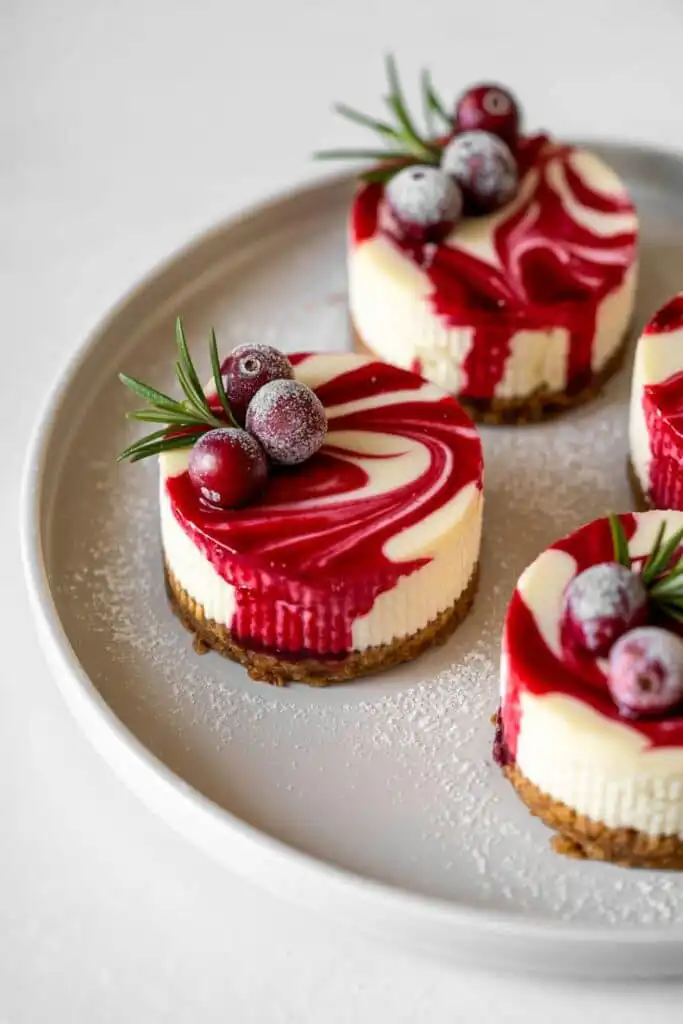 Mini cheesecakes with vibrant raspberry swirl, garnished with fresh berries and rosemary on a white plate. Perfect holiday dessert.