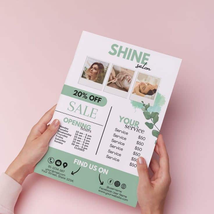 Shine Salon flyer with 20% off, service list, hours, contact info, and images of beauty treatments on a pink background.
