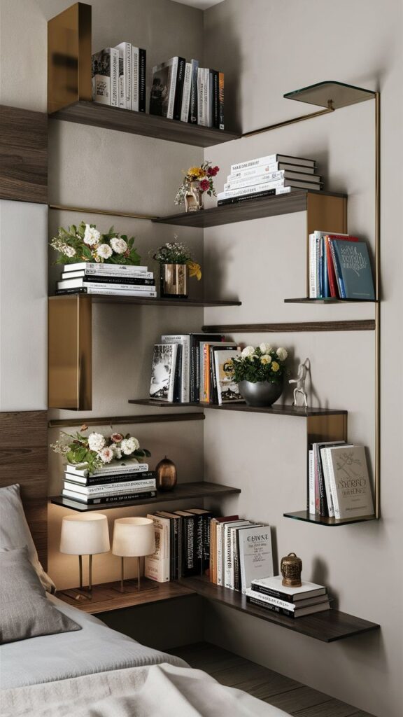 Bedroom Wall Decoration Idea_ Creative Shelving Solutions Modern corner bookshelf in a cozy bedroom with books, plants, and elegant decor, enhancing the stylish and inviting atmosphere. | Sky Rye Design Modern corner bookshelf in a cozy bedroom with books, plants, and elegant decor, enhancing the stylish and inviting atmosphere.