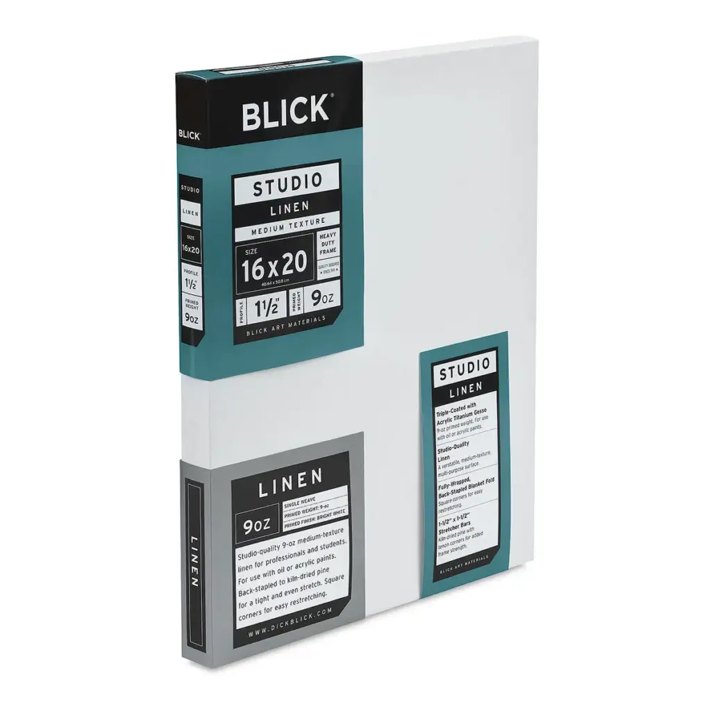 Blick Studio Linen Canvas, 16x20, medium texture, 9oz, ideal for oil and acrylic painting with professional-grade quality.