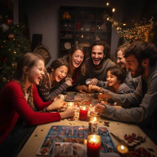 Family enjoying a festive board game night around a table with candles and holiday decorations, sharing laughter and joy.