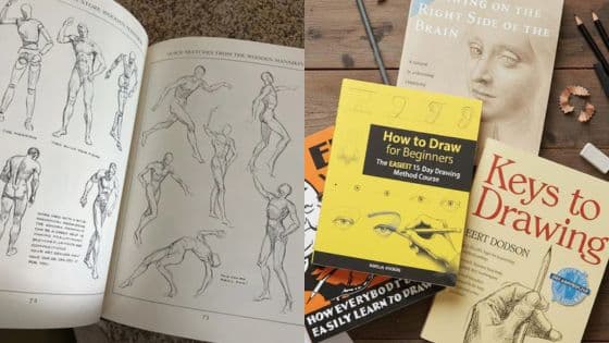 Collection of drawing books and anatomy sketches, ideal for beginners and artists to learn techniques and improve their drawing skills.