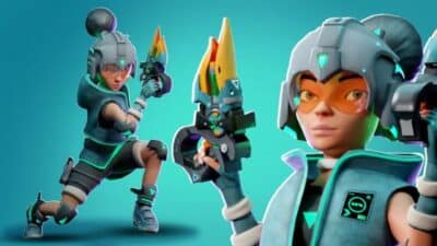 Futuristic character in armor poses with high-tech weapon, set against a teal background. Vibrant and action-themed illustration.