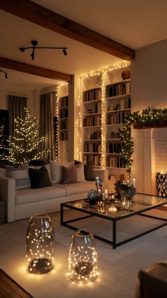 Best Xmas Lights Ideas 2026_ for Stunning Indoor Displays Cozy living room with festive string lights, decorated bookshelf, and candle-lit glass table creating a warm holiday ambiance. | Sky Rye Design Cozy living room with festive string lights, decorated bookshelf, and candle-lit glass table creating a warm holiday ambiance.