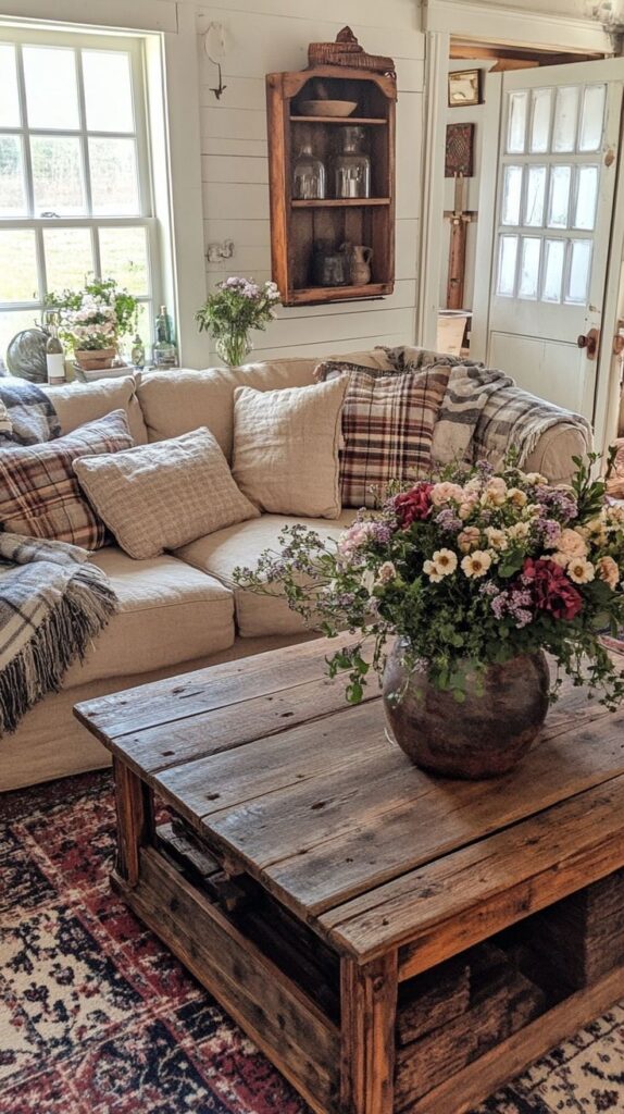 Beths Country Primitive Home Decor - 🤎🤎🤎 pinterest _ Facebook Cozy living room with a beige couch, plaid pillows, wooden coffee table, and a vase of colorful flowers, creating a rustic farmhouse vibe. | Sky Rye Design Cozy living room with a beige couch, plaid pillows, wooden coffee table, and a vase of colorful flowers, creating a rustic farmhouse vibe.