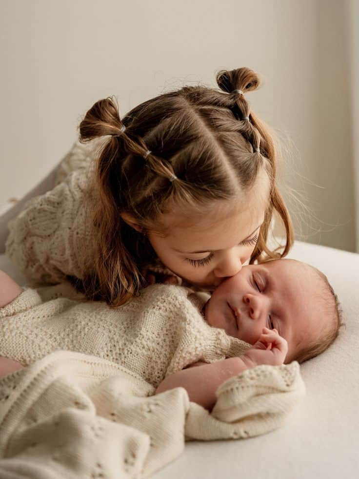 Big sister duties_ officially crushing it_ 🥹✨ A Young girl lovingly kisses sleeping baby sibling, both in cozy beige outfits on a soft blanket, capturing a tender family moment. | Sky Rye Design Young girl lovingly kisses sleeping baby sibling, both in cozy beige outfits on a soft blanket, capturing a tender family moment.