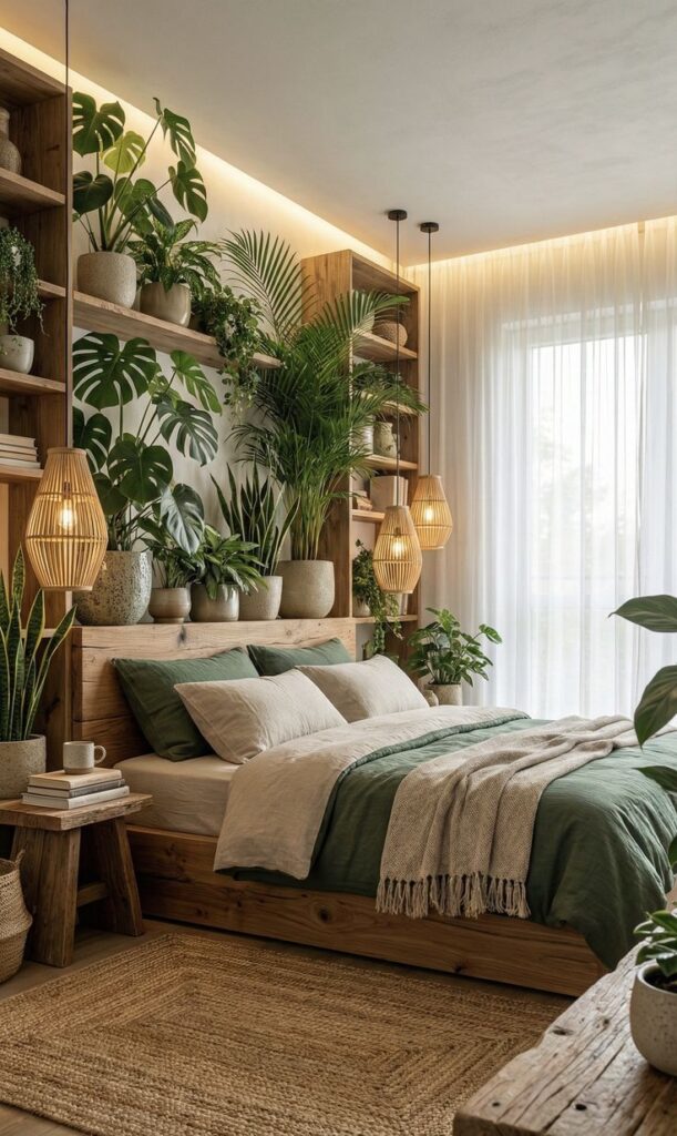 Biophilic Bedroom Ideas for a Nature-Filled Zen Sleep Space Cozy bedroom with plants, wooden shelves, and pendant lights. Bedding in green tones complements the natural, serene decor. | Sky Rye Design Cozy bedroom with plants, wooden shelves, and pendant lights. Bedding in green tones complements the natural, serene decor.