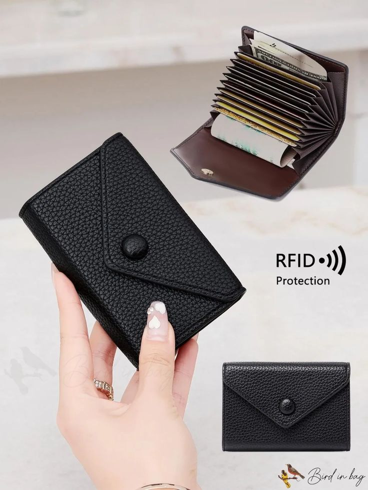 Black RFID-protected wallet with accordion card slots, shown open and closed, held by a hand with nail art for secure and stylish storage.
