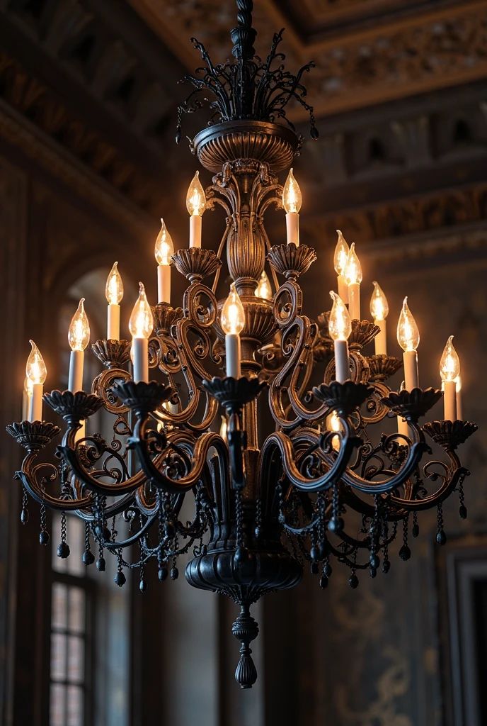 Black Chandelier Ornate antique chandelier with lit bulbs, hanging in an elegant room with intricate ceilings, creating a warm, inviting atmosphere. | Sky Rye Design Ornate antique chandelier with lit bulbs, hanging in an elegant room with intricate ceilings, creating a warm, inviting atmosphere.