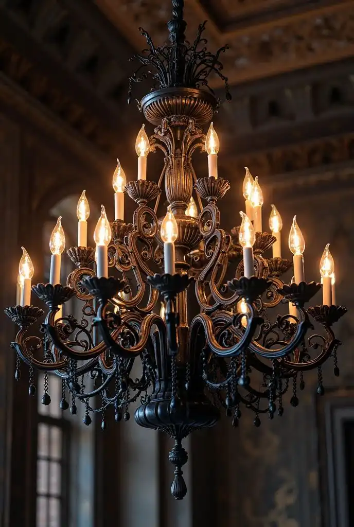 Ornate antique chandelier with lit bulbs, hanging in an elegant room with intricate ceilings, creating a warm, inviting atmosphere.