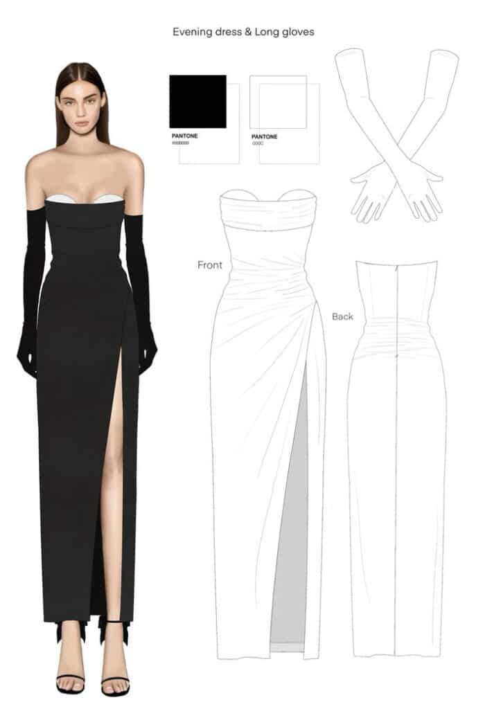 Black dress illustration Illustration of an elegant black evening gown with long gloves, featuring front and back design sketches and textile color swatches. | Sky Rye Design Illustration of an elegant black evening gown with long gloves, featuring front and back design sketches and textile color swatches.