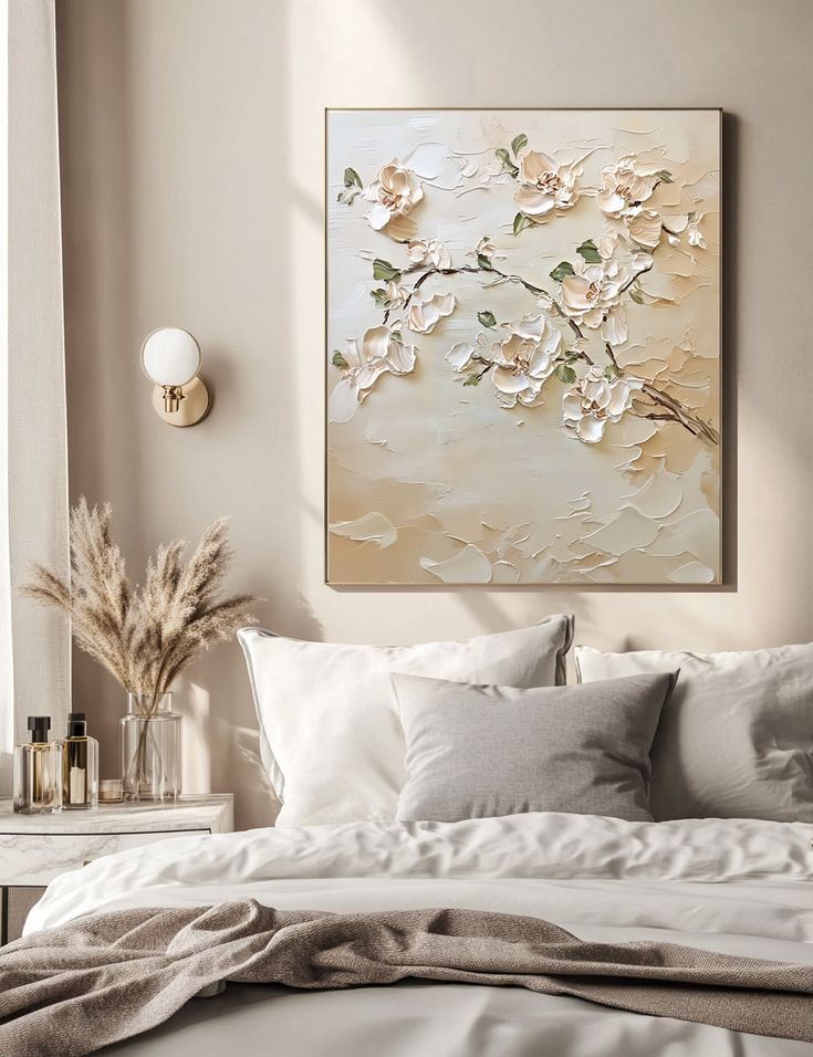 Blooming Serenity_ 3D Canvas - 36x 72_ 91 x 183 CM _ Gold Frame Elegant bedroom with natural decor, featuring a floral textured painting, soft pillows, and pampas grass in warm neutral tones. | Sky Rye Design Elegant bedroom with natural decor, featuring a floral textured painting, soft pillows, and pampas grass in warm neutral tones.