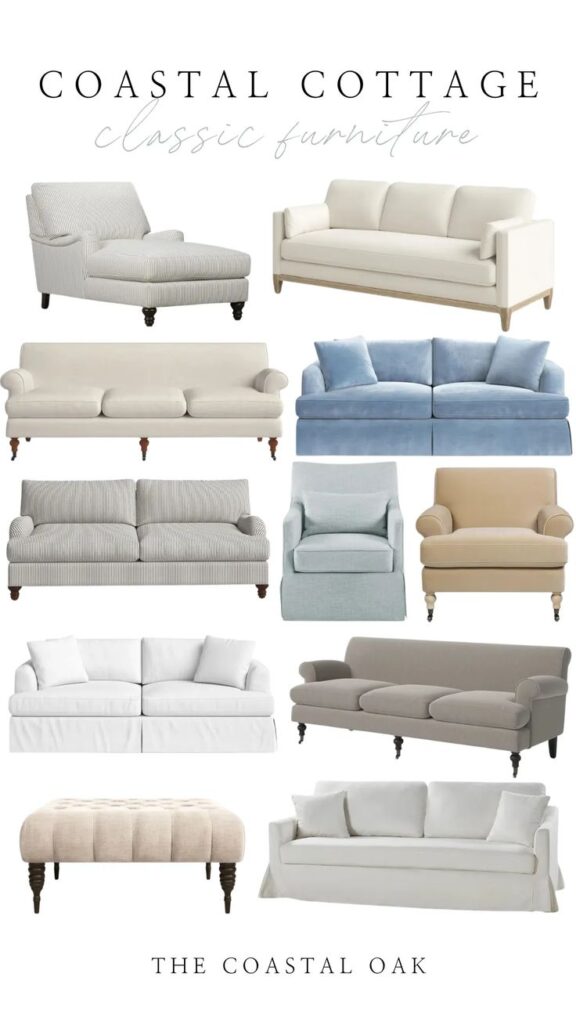 Coastal cottage classic furniture collection featuring sofas and armchairs in neutral tones, perfect for a stylish, cozy living space.