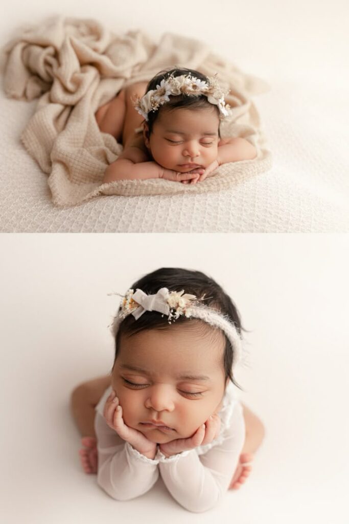 Boho Newborn Photography Setups Sleeping baby with floral headband in two poses on a soft blanket. Peaceful newborn photography in beige and white setting. | Sky Rye Design Sleeping baby with floral headband in two poses on a soft blanket. Peaceful newborn photography in beige and white setting.