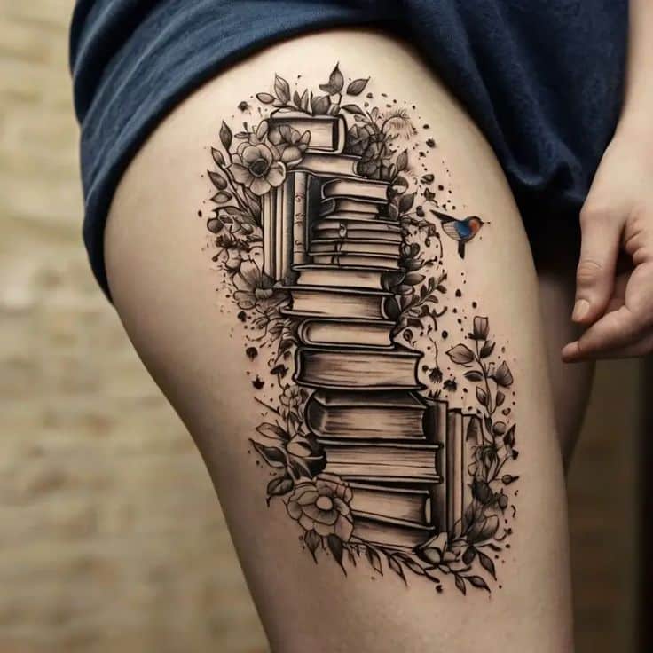 Book-Themed Tattoos_ Meaning Symbolism 90 Designs - HBTat2 Tattoo of stacked books with flowers and a hummingbird on a person's leg, showcasing intricate and artistic design details. | Sky Rye Design Tattoo of stacked books with flowers and a hummingbird on a person's leg, showcasing intricate and artistic design details.