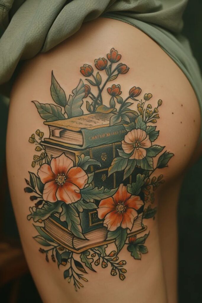 Books Tattoo Ideas Tattoo of stacked books adorned with vibrant orange flowers and green leaves on skin. Artistic blend of literature and floral beauty. | Sky Rye Design Tattoo of stacked books adorned with vibrant orange flowers and green leaves on skin. Artistic blend of literature and floral beauty.