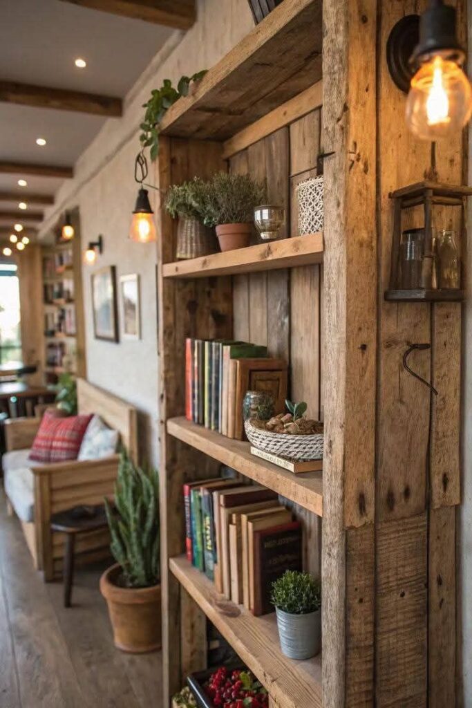 Bookshelf_ Rustic wooden bookshelf with books and potted plants, illuminated by warm pendant lights, in a cozy, inviting room setting. | Sky Rye Design Rustic wooden bookshelf with books and potted plants, illuminated by warm pendant lights, in a cozy, inviting room setting.
