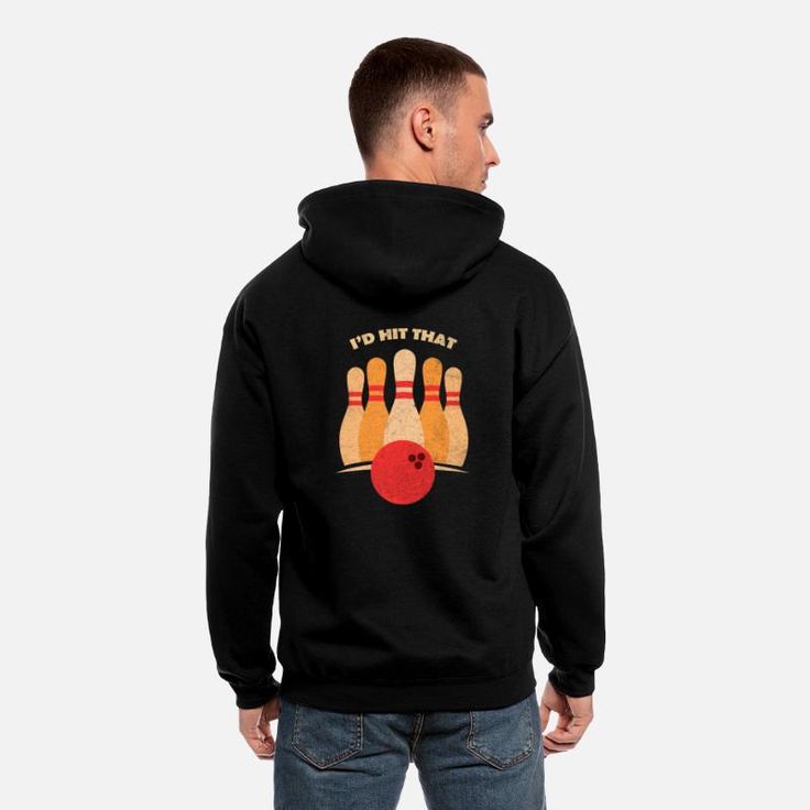 Bowling Sports Mens Zip Hoodie _ Spreadshirt Man wearing a black hoodie with bowling pins and ball graphic, text I'd Hit That on the back. Casual style, humorous design. | Sky Rye Design Man wearing a black hoodie with bowling pins and ball graphic, text I'd Hit That on the back. Casual style, humorous design.
