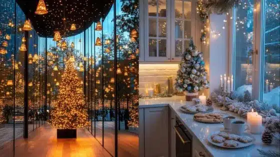 Budget-Friendly Holiday Lighting Hacks for Festive holiday decor: illuminated Christmas tree indoors and cozy kitchen with cookies, candles, and a small decorated tree by the window. | Sky Rye Design Festive holiday decor: illuminated Christmas tree indoors and cozy kitchen with cookies, candles, and a small decorated tree by the window.
