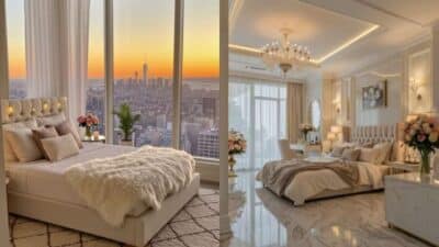 Luxurious bedroom interiors with large windows, cityscape views at sunset, elegant decor, plush bedding, and sophisticated lighting.