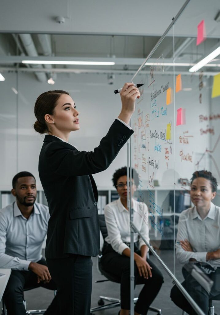 Business Businesswoman presenting strategy on glass board to attentive colleagues in modern office meeting. | Sky Rye Design Businesswoman presenting strategy on glass board to attentive colleagues in modern office meeting.