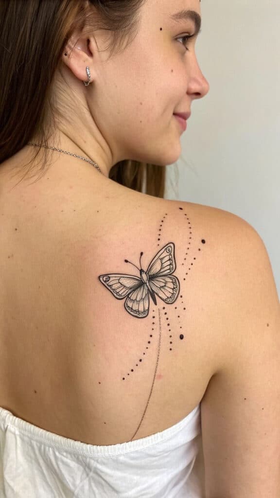 Butterfly Tattoo on Hand Fine-Line Geometric Style Woman showcasing a detailed butterfly tattoo on her shoulder. Elegant design with dot accents, perfect for nature-inspired ink. | Sky Rye Design Woman showcasing a detailed butterfly tattoo on her shoulder. Elegant design with dot accents, perfect for nature-inspired ink.