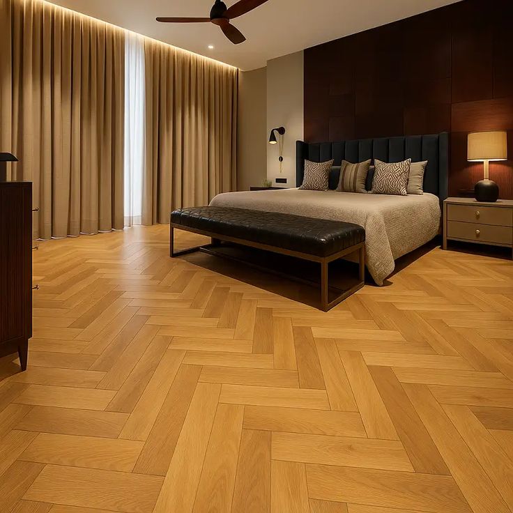 Luxury bedroom with herringbone wood flooring, elegant bed and side tables, soft lighting, and beige curtains for a cozy ambiance.