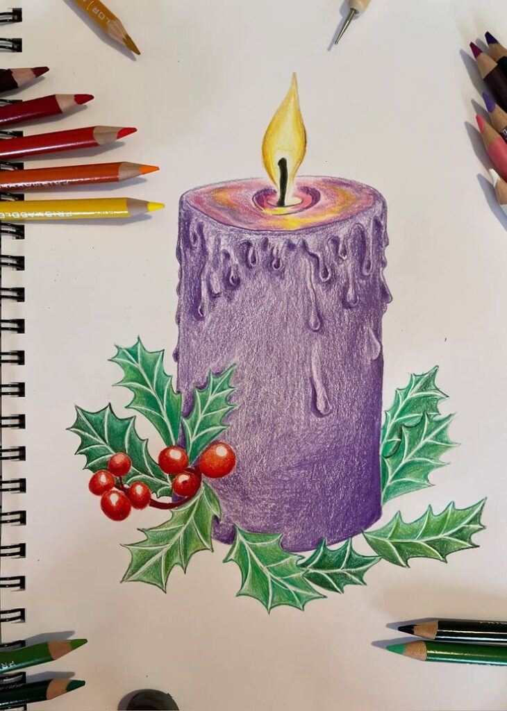Candle Artwork 🕯️💜 Purple candle drawing with yellow flame, surrounded by holly and berries. Colored pencils and leaves create a festive holiday art scene. | Sky Rye Design Purple candle drawing with yellow flame, surrounded by holly and berries. Colored pencils and leaves create a festive holiday art scene.