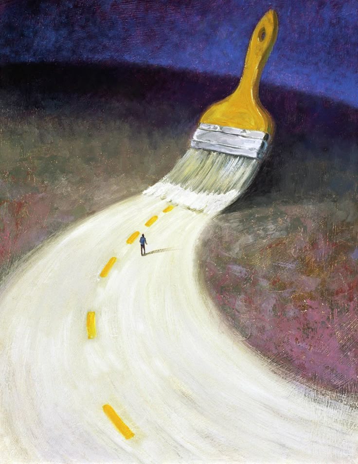 A giant paintbrush creates a road, with a small person walking on it, symbolizing creativity and the journey of imagination.
