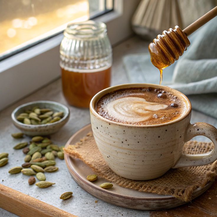 A cozy cup of coffee with honey being drizzled in, surrounded by cardamom seeds, near a window for a perfect morning ritual.