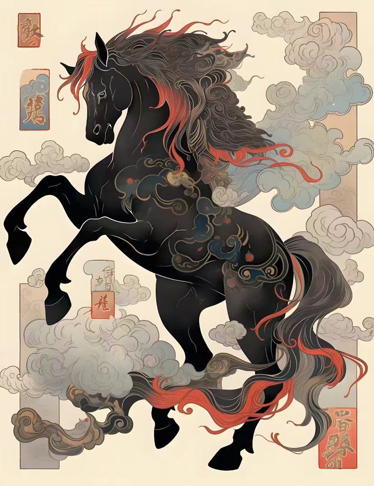 Chinese Zodiac Horse Elegant black horse in traditional Asian art style, with flowing mane and red accents, surrounded by mystical clouds and calligraphy. | Sky Rye Design Elegant black horse in traditional Asian art style, with flowing mane and red accents, surrounded by mystical clouds and calligraphy.