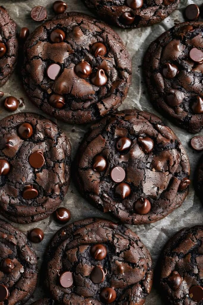 Chocolate Lovers Double Chocolate Chip Cookies Close-up of freshly baked chocolate cookies with rich, melted chocolate chips on a rustic parchment paper background. | Sky Rye Design Close-up of freshly baked chocolate cookies with rich, melted chocolate chips on a rustic parchment paper background.
