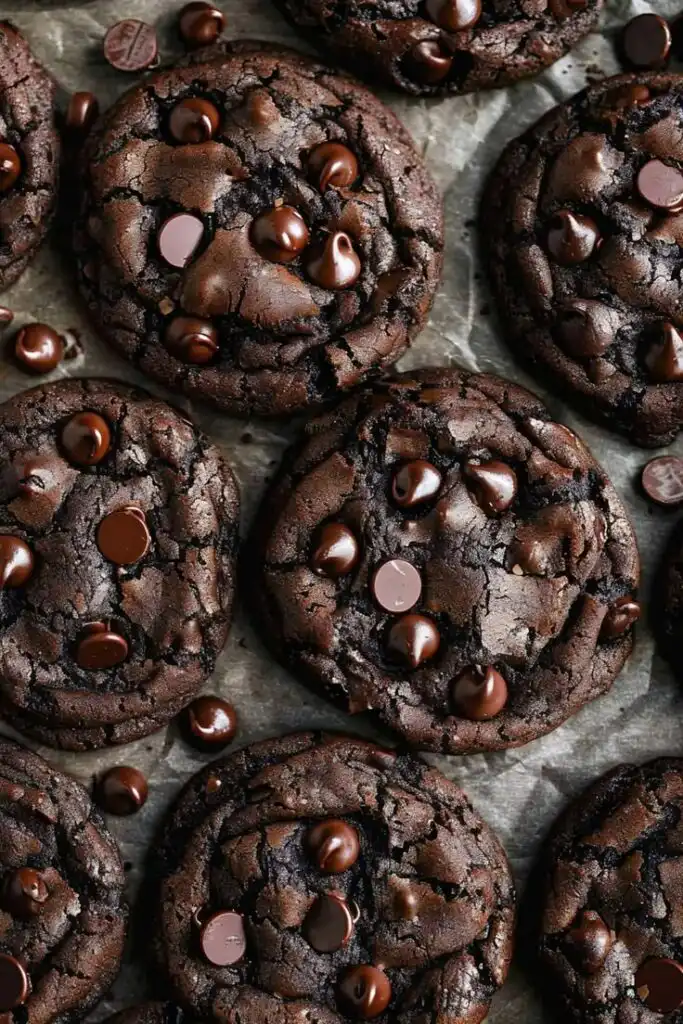 Close-up of freshly baked chocolate cookies with rich, melted chocolate chips on a rustic parchment paper background.