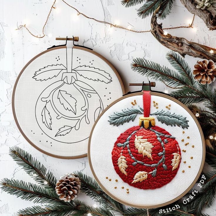 Christmas Bauble Christmas tree decor round festive ball Christmas embroidery pattern winter embroidery Christmas ornament home decor Festive embroidery hoop art featuring a red ornament with leaf design, surrounded by pine branches and fairy lights, perfect for Christmas decor. | Sky Rye Design Festive embroidery hoop art featuring a red ornament with leaf design, surrounded by pine branches and fairy lights, perfect for Christmas decor.
