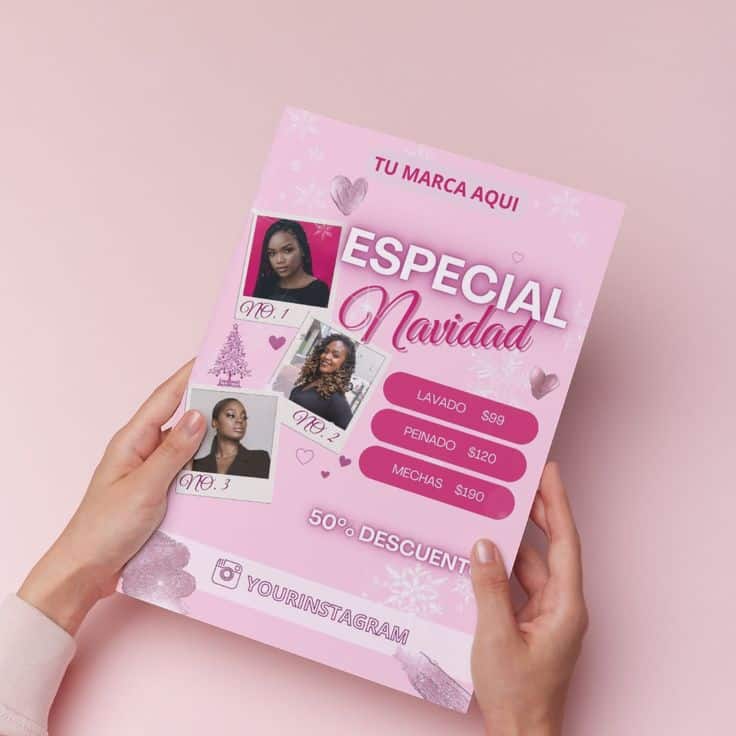 Pink Christmas flyer for a salon with hair service prices and 50% discount offering wash, style, and highlights. Follow on Instagram.