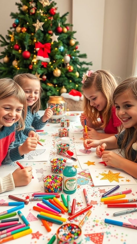Children joyfully crafting holiday decorations at a festive table with markers and paper, Christmas tree lights in the background.