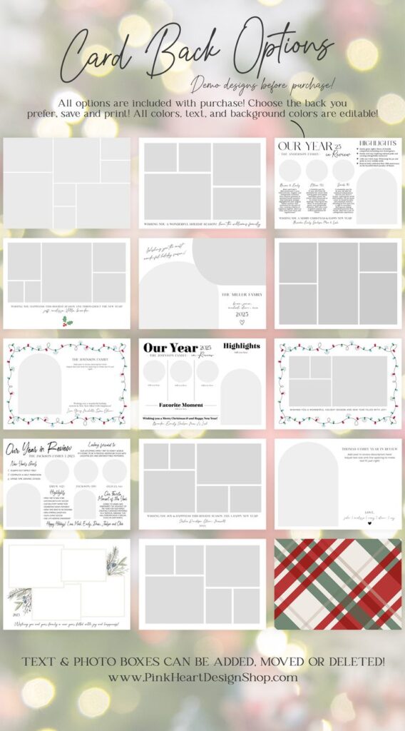 Christmas Card Template -Editable Year in Review - Photo Holiday Card Card back options with editable designs, text, and colors for personalized greeting cards. Includes photo and message layouts. | Sky Rye Design Card back options with editable designs, text, and colors for personalized greeting cards. Includes photo and message layouts.