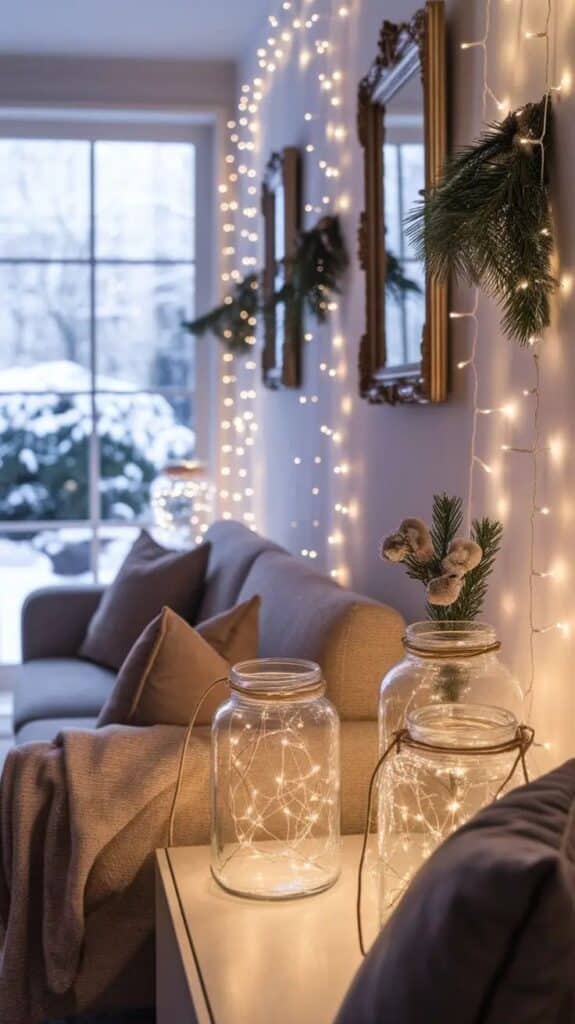 Christmas Lights Ideas 2025_ Magical Indoor And Outdoor Inspiration For Every Home Cozy living room with fairy lights, festive decor, and snow outside. Warm holiday atmosphere with lights in mason jars. | Sky Rye Design Cozy living room with fairy lights, festive decor, and snow outside. Warm holiday atmosphere with lights in mason jars.