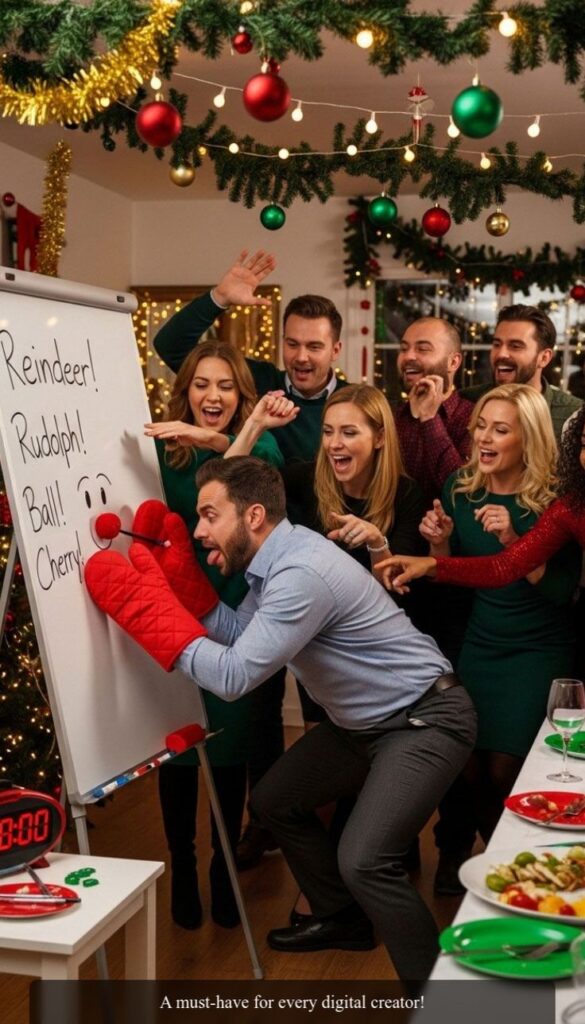 Group of people having fun at a holiday party with festive decorations, playing a guessing game by a whiteboard.