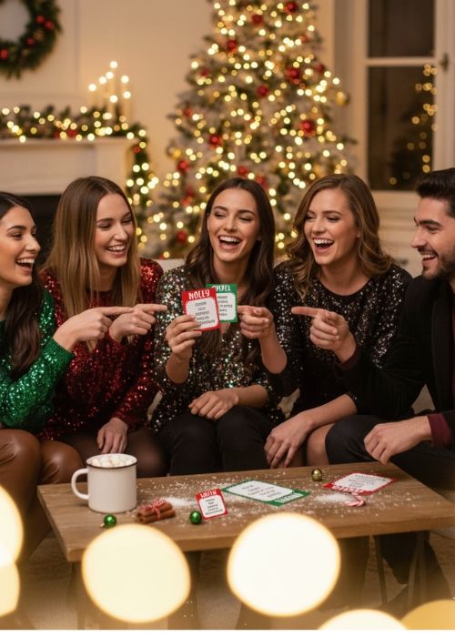 Group of friends laughing and playing a Christmas card game by a decorated tree and fireplace, enjoying holiday festivities.