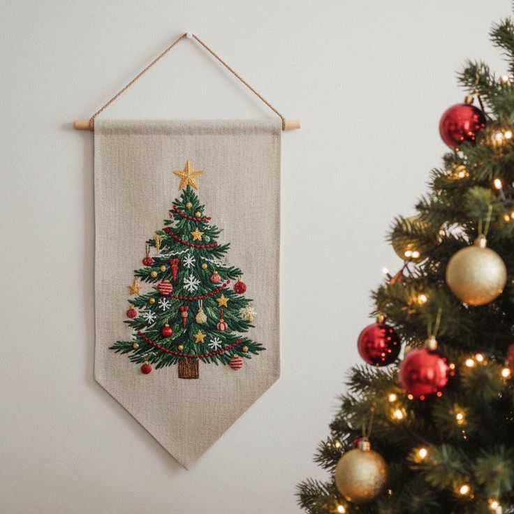 Christmas Tree Hand Embroidered Banner Custom Holiday Linen Flag Handmade Christmas Wall Decor Fabric Wall Banner Festive Home Decor Christmas themed wall hanging with embroidered tree and decorated tree in room with festive ornaments and lights. Cozy holiday decor. | Sky Rye Design Christmas themed wall hanging with embroidered tree and decorated tree in room with festive ornaments and lights. Cozy holiday decor.