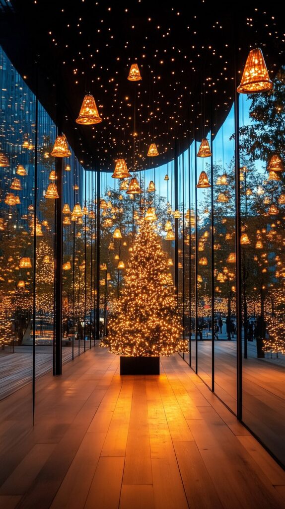 Christmas Tree with Warm Lights in Mirror Room Festive Light Installation AI Glowing Christmas tree and lamps reflect in mirrors, creating an enchanting festive ambiance in a modern architectural space. | Sky Rye Design Glowing Christmas tree and lamps reflect in mirrors, creating an enchanting festive ambiance in a modern architectural space.