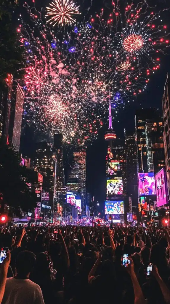 Crowd watches vibrant fireworks over a lively cityscape at night, capturing the excitement and energy of a major urban celebration.