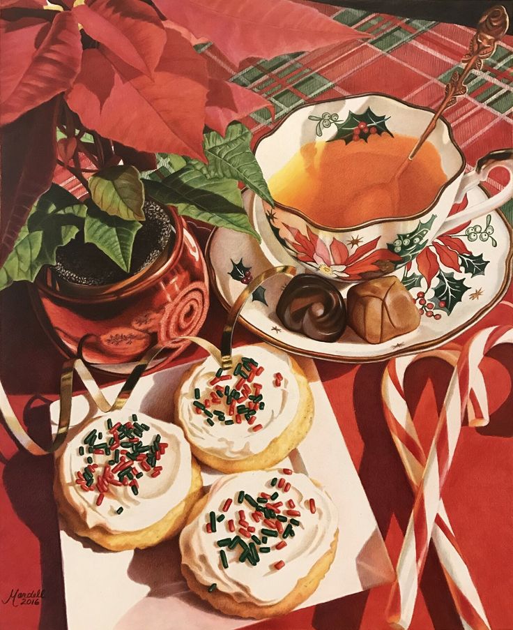 Christmas tea time_ Marker and colored pencil Festive Christmas setting with cookies, tea in a holiday cup, chocolates, candy canes, and poinsettia on a plaid tablecloth. | Sky Rye Design Festive Christmas setting with cookies, tea in a holiday cup, chocolates, candy canes, and poinsettia on a plaid tablecloth.