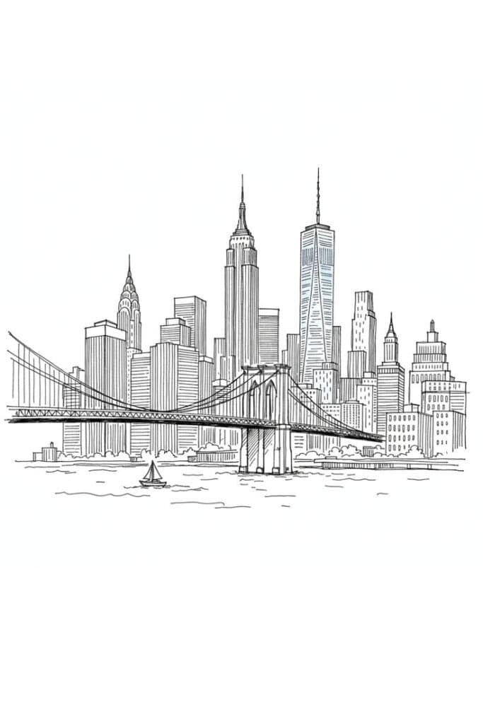 Classic Brooklyn Bridge NYC Skyline _ Simple Hand Drawing Aesthetic Architecture Illustrated New York City skyline with iconic skyscrapers and Brooklyn Bridge over the river, featuring a small sailboat in the foreground. | Sky Rye Design Illustrated New York City skyline with iconic skyscrapers and Brooklyn Bridge over the river, featuring a small sailboat in the foreground.