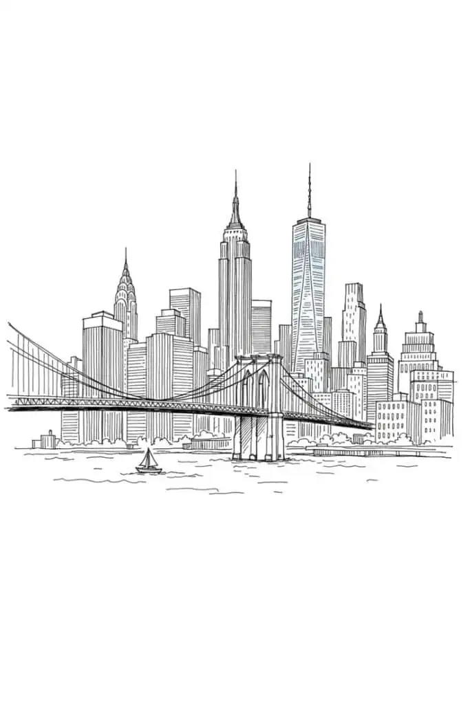 Illustrated New York City skyline with iconic skyscrapers and Brooklyn Bridge over the river, featuring a small sailboat in the foreground.