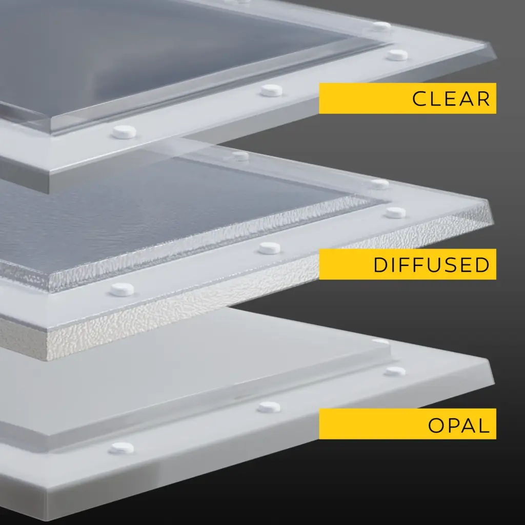 Clear-Diffuse-Opal_Domes Clear, diffused, and opal rooflight panels showcasing different light transmission properties for optimal daylight solutions. | Sky Rye Design Clear, diffused, and opal rooflight panels showcasing different light transmission properties for optimal daylight solutions.