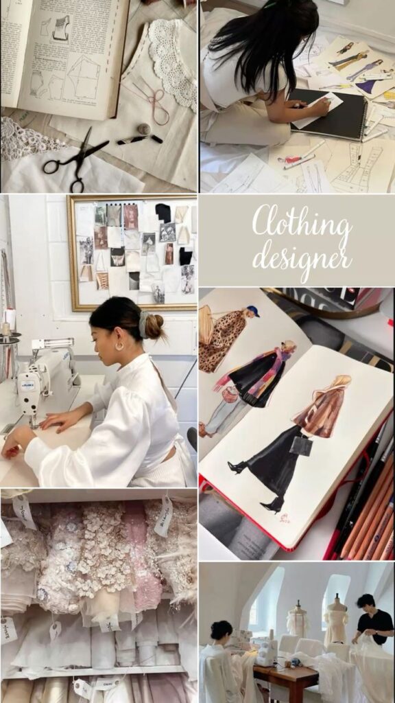 Clothing designer Fashion designer sketching, sewing, and working with fabric swatches in a creative workspace, showcasing design processes. | Sky Rye Design Fashion designer sketching, sewing, and working with fabric swatches in a creative workspace, showcasing design processes.