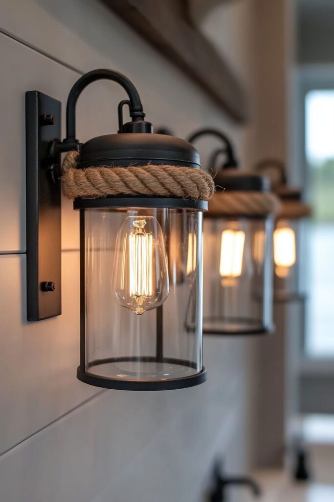 Coastal Bathroom Inspo Modern wall-mounted lantern with glowing Edison bulb and rope detailing, adding rustic charm to an interior setting. | Sky Rye Design Modern wall-mounted lantern with glowing Edison bulb and rope detailing, adding rustic charm to an interior setting.