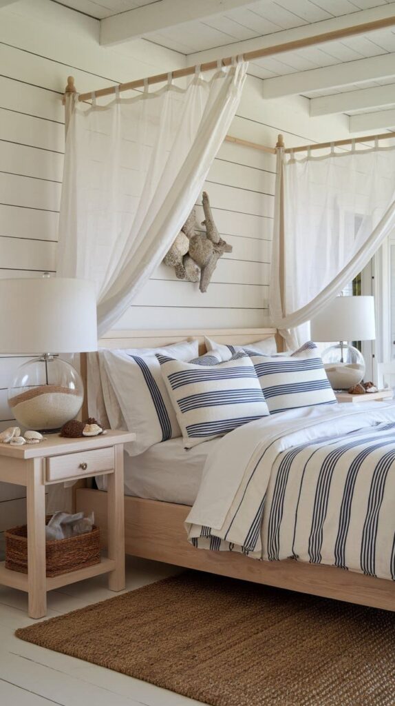 Coastal-themed bedroom with striped bedding, canopy, and wooden accents, creating a serene and stylish retreat.